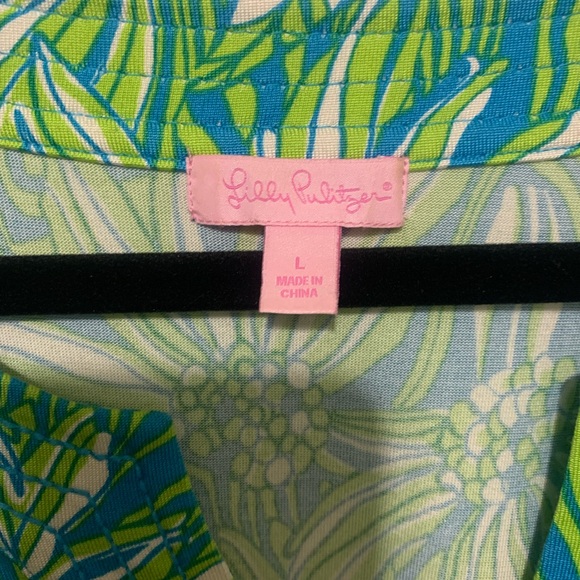 Lilly Pulitzer - Twyla Silk Dress Lime Green Blue -Floral Bell Sleeve - Size: XL - Picture 5 of 7